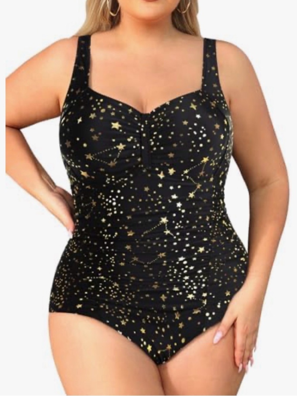 Daci 1X Black Swimsuit Tummy Control Ruched Sides Star Print Full Coverage